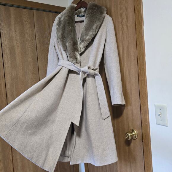 Lauren Ralph Lauren Wool Blend Faux Fur Collar A-Line Belted Coat - Picture 5 of 15